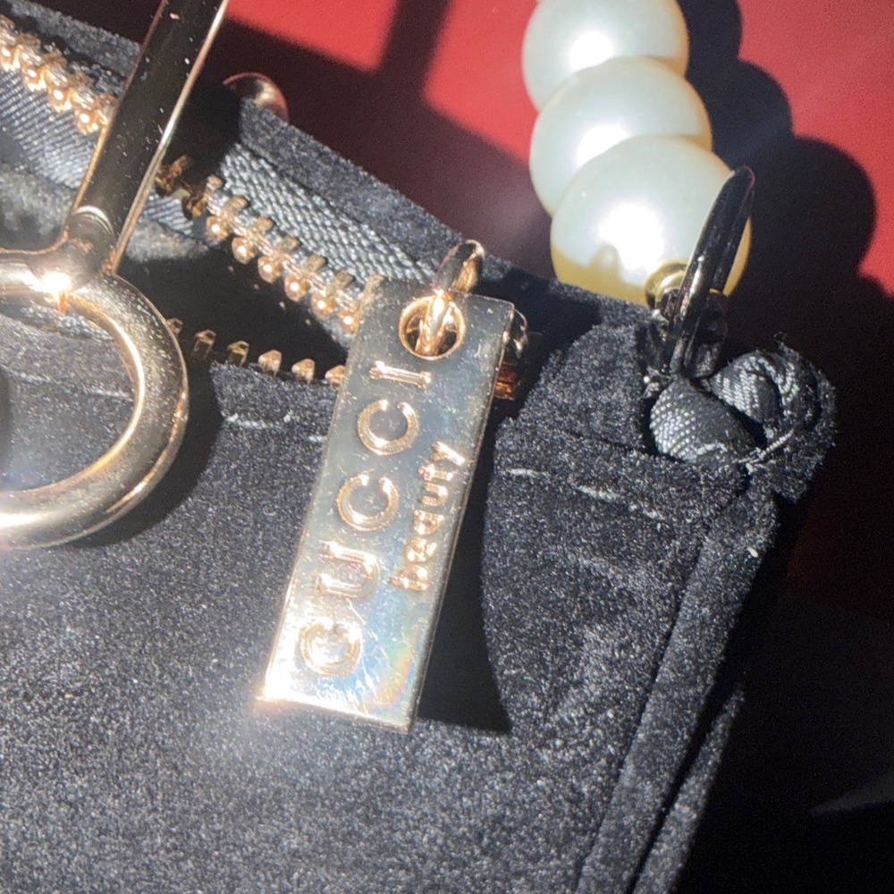 Gucci Black Velvet Clutch with Gold Handles and Pearl Wristlet - Picture 10 of 13